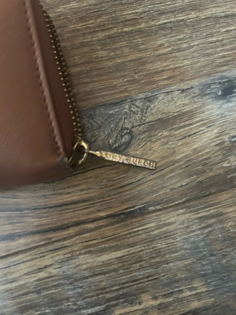 Tory Burch Cognac Leather Wristlet with Gold Logo